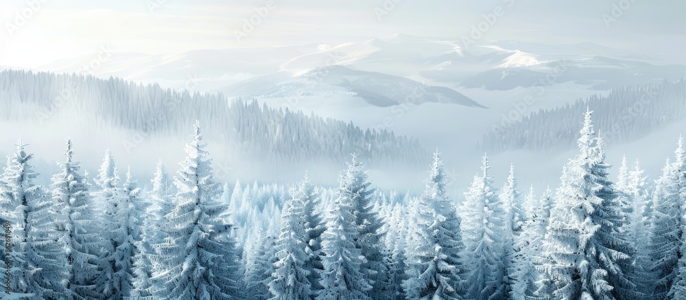 Snowy mountains in winter offer a peaceful retreat with deep, snow-covered forests and white tree tops against a serene backdrop with a copy space image. Snowy mountains in winter offer a peaceful retreat with deep, snow-covered forests and white tree tops against a serene backdrop with a copy space image.