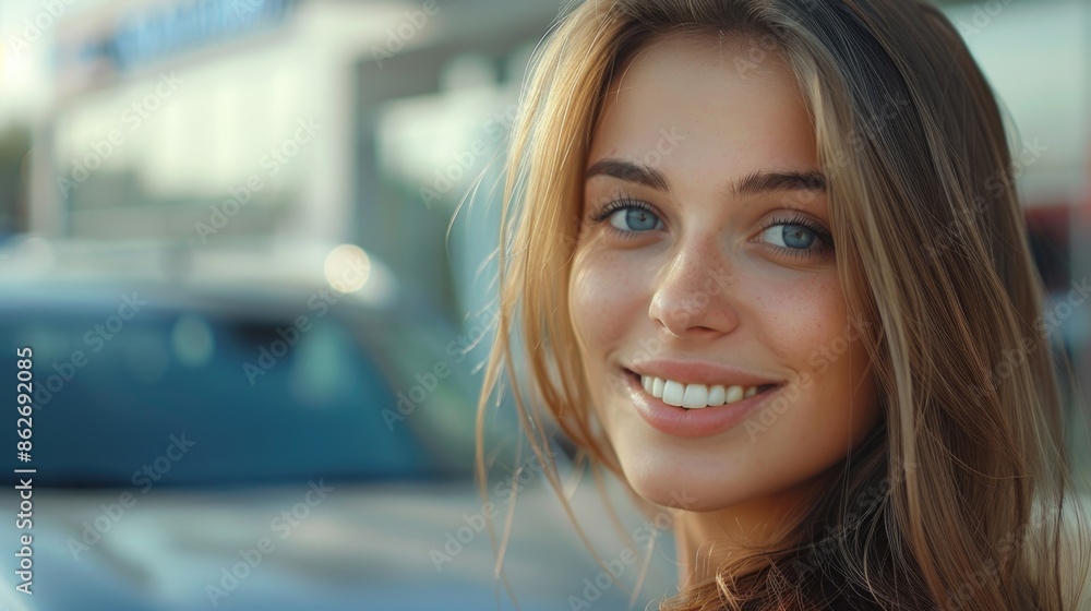 A woman with long brown hair and blue eyes is smiling at the camera. She is wearing a black shirt and is standing in front of a car A woman with long brown hair and blue eyes is smiling at the camera. She is wearing a black shirt and is standing in front of a car