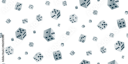 Gambling game dice. Seamless frame pattern of realistic isometric white play dice cubes with black dot isolated on white. Object to play in casino, dice from one to six dots. 3d Vector illustration