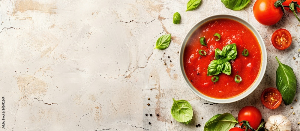 Top view of summer tomato soup with fresh vegetables and green basil, in a copy space image. Top view of summer tomato soup with fresh vegetables and green basil, in a copy space image.