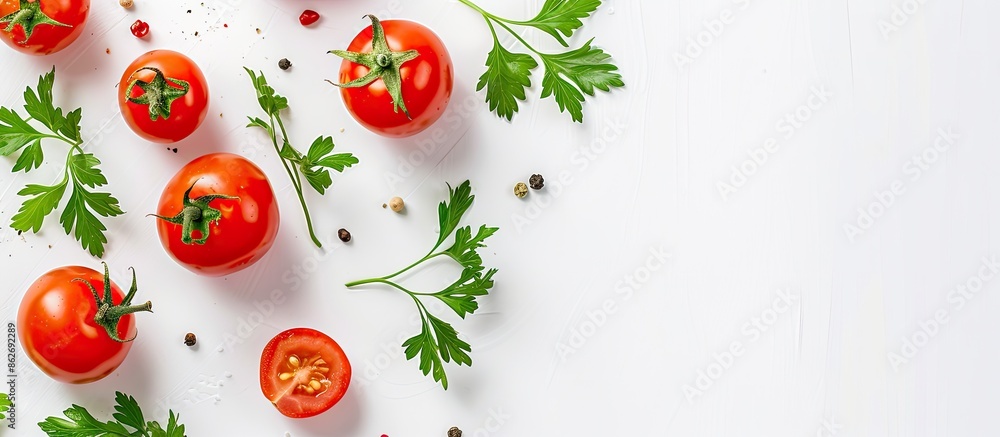 Top view of tomatoes garnished with parsley leaves on a white background, providing copy space in the image. Top view of tomatoes garnished with parsley leaves on a white background, providing copy space in the image.