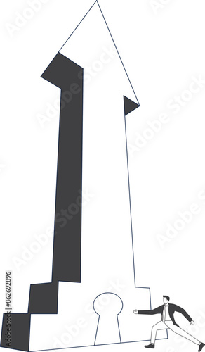 Businessman running towards arrow shape hole