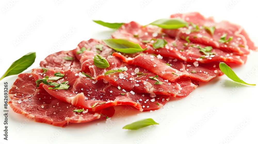 Beef carpaccio, thinly sliced and raw, symmetrically isolated on white, available for Italian cuisine or upscale appetizer menus Beef carpaccio, thinly sliced and raw, symmetrically isolated on white, available for Italian cuisine or upscale appetizer menus
