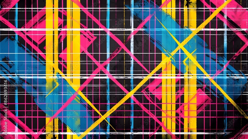 Fototapeta premium Energetic Plaid Texture Graphic in Bold Color Palette on Glossy Black Background