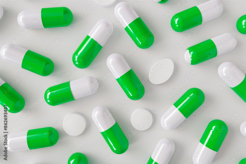 Green and white capsules on white background Green and white capsules on white background