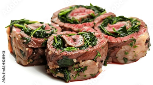 Beef steak pinwheel, stuffed and rolled, symmetrically placed and isolated , ideal for creative cooking techniques or party food ideas photo