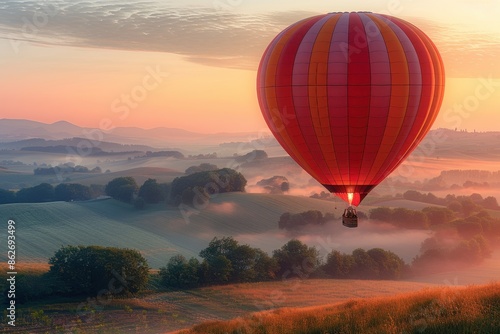A majestic hot air balloon floating over a picturesque landscape of rolling hills and fields at dawn.  © Nico