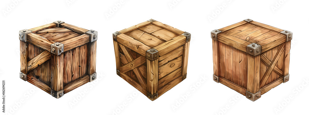 Set of wooden boxes on transparent background. Set of wooden boxes on transparent background.