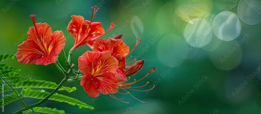 Macro image of a vibrant red Royal Poinciana flower in a tropical garden, with soft focus, a blurred green background, and space for copying. Macro image of a vibrant red Royal Poinciana flower in a tropical garden, with soft focus, a blurred green background, and space for copying.