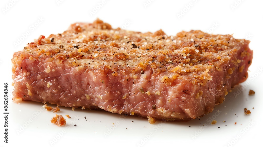 Cube steak, tenderized and breaded, symmetrically isolated on white, available for quick meal solutions or family dinner ideas Cube steak, tenderized and breaded, symmetrically isolated on white, available for quick meal solutions or family dinner ideas