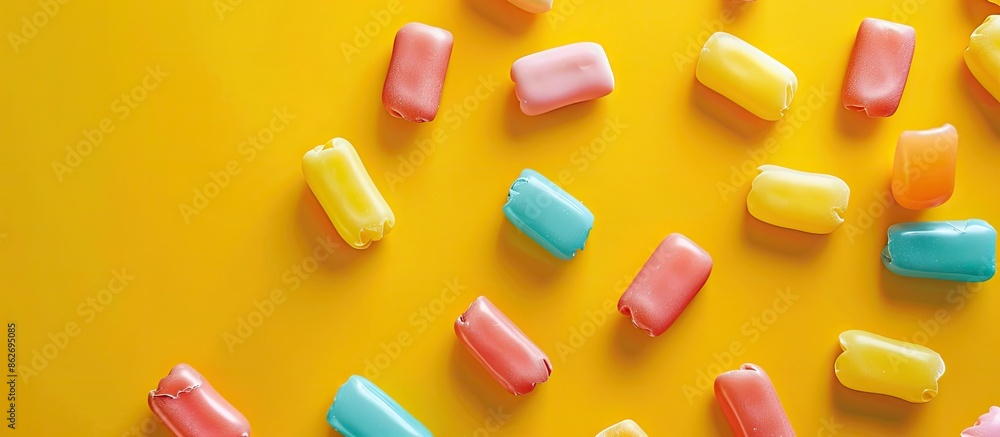 Various colored chewing gums displayed on a vibrant yellow backdrop with empty spaces for adding text or images. Copy space image. Place for adding text and design Various colored chewing gums displayed on a vibrant yellow backdrop with empty spaces for adding text or images. Copy space image. Place for adding text and design