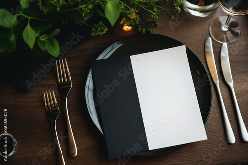 Blank menu mockup table furniture cutlery. photo