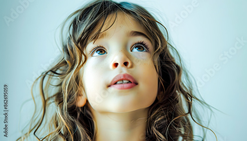 Fillette regardant vers le coin en haut