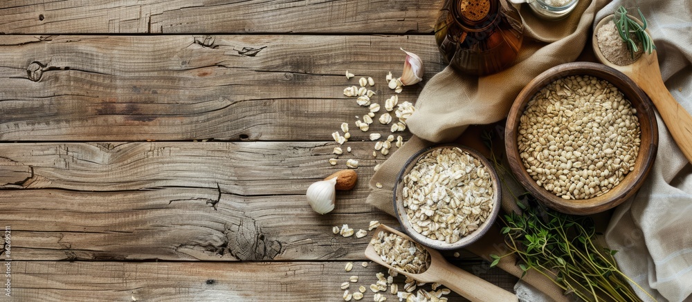 Creating a wholesome meal with natural ingredients like organic porridge and groats on a wooden table, suitable for a copy space image. Creating a wholesome meal with natural ingredients like organic porridge and groats on a wooden table, suitable for a copy space image.