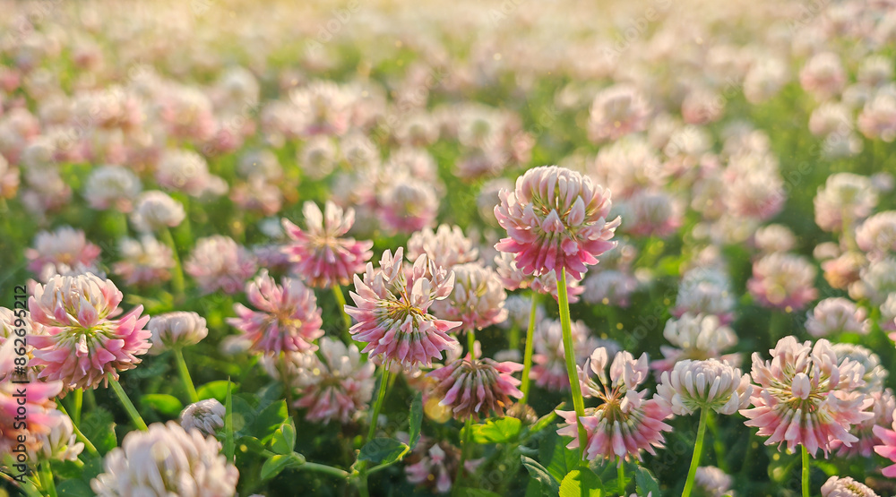 Pink clover field under the sun banner. Floral background. Pink clover field under the sun banner. Floral background.