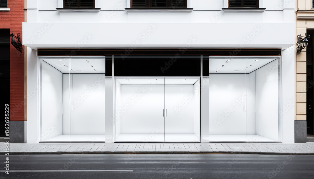Frontal top view of the front of a modern and bright store in a shopping street of a city Frontal top view of the front of a modern and bright store in a shopping street of a city