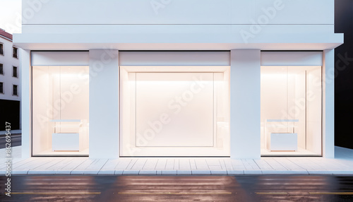 Frontal top view of the front of a modern and bright store in a shopping street of a city