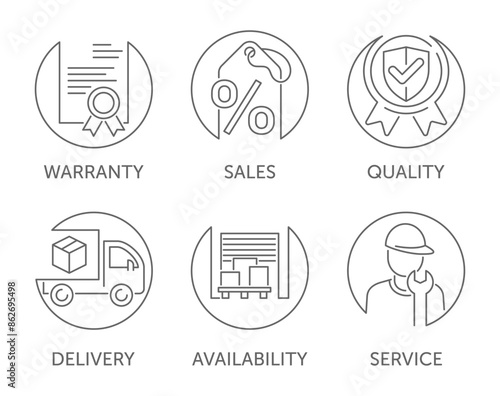 Circular icons set - Availability, Delivery, Service, Sales, Warranty, Quality