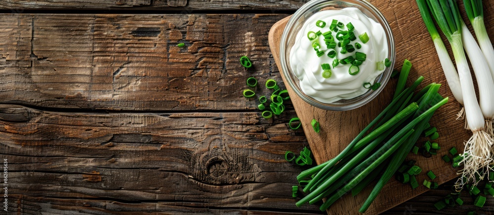 Top-down view of a glass bowl filled with sour cream beside a cutting board with chopped green onion, set on a rustic wooden table. Copy space image. Top-down view of a glass bowl filled with sour cream beside a cutting board with chopped green onion, set on a rustic wooden table. Copy space image.