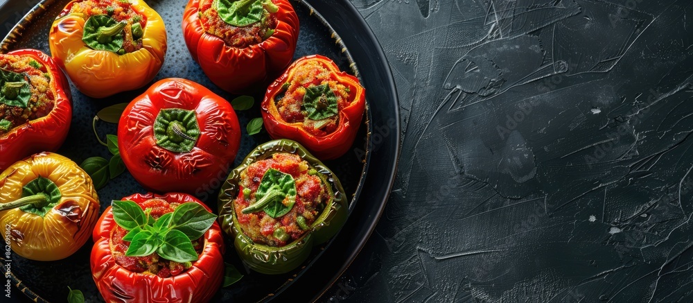 A plate of delicious homemade stuffed bell peppers displayed on a black background with ample copy space image. A plate of delicious homemade stuffed bell peppers displayed on a black background with ample copy space image.