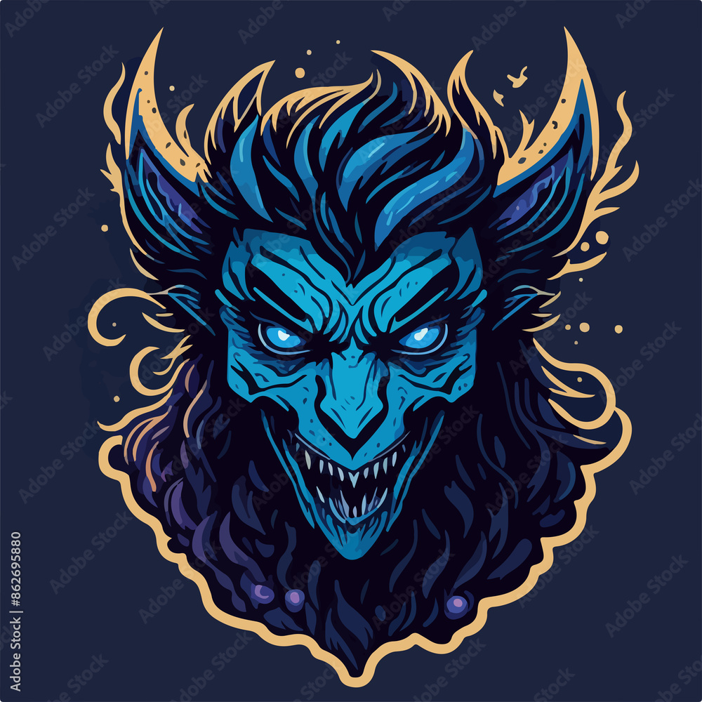 A hellish demon warrior logo: a ghostly figure with fiery eyes and menacing horns, wielding a blade. The ethereal form is shrouded in dark, swirling shadows. A hellish demon warrior logo: a ghostly figure with fiery eyes and menacing horns, wielding a blade. The ethereal form is shrouded in dark, swirling shadows.