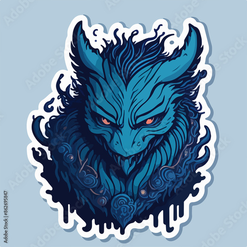 A hellish demon warrior logo: a ghostly figure with fiery eyes and menacing horns, wielding a blade. The ethereal form is shrouded in dark, swirling shadows.