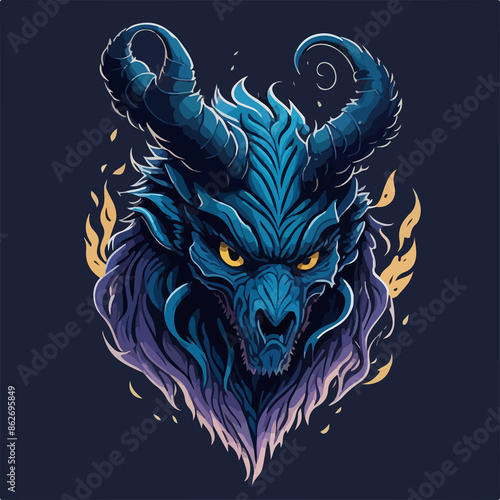 A hellish demon warrior logo: a ghostly figure with fiery eyes and menacing horns, wielding a blade. The ethereal form is shrouded in dark, swirling shadows.