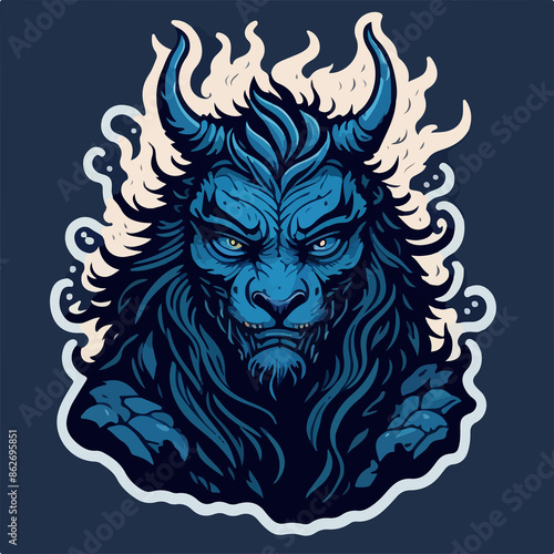 A hellish demon warrior logo: a ghostly figure with fiery eyes and menacing horns, wielding a blade. The ethereal form is shrouded in dark, swirling shadows.