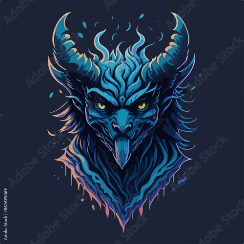 A hellish demon warrior logo: a ghostly figure with fiery eyes and menacing horns, wielding a blade. The ethereal form is shrouded in dark, swirling shadows.