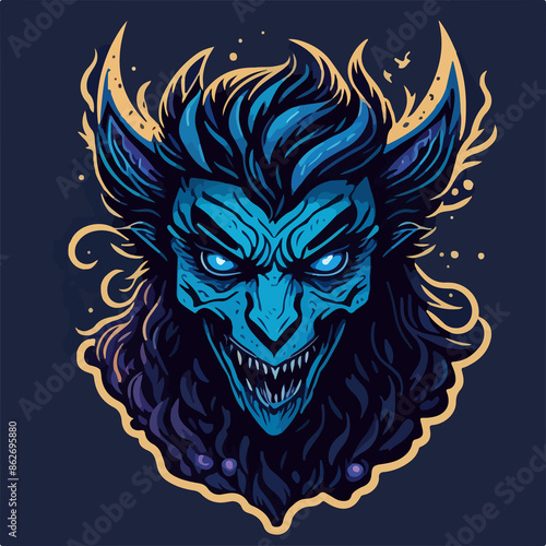 A hellish demon warrior logo: a ghostly figure with fiery eyes and menacing horns, wielding a blade. The ethereal form is shrouded in dark, swirling shadows.