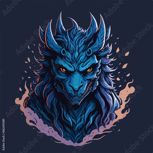 A hellish demon warrior logo: a ghostly figure with fiery eyes and menacing horns, wielding a blade. The ethereal form is shrouded in dark, swirling shadows.