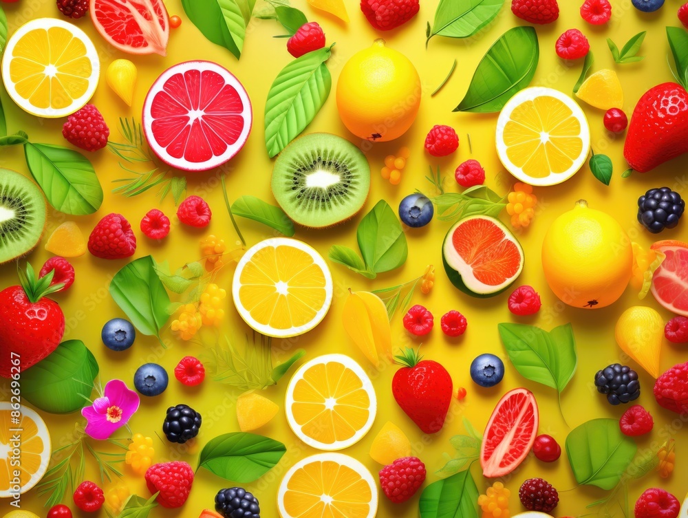 A colorful fruit salad with a variety of fruits including oranges, kiwis, strawberries, and blueberries A colorful fruit salad with a variety of fruits including oranges, kiwis, strawberries, and blueberries