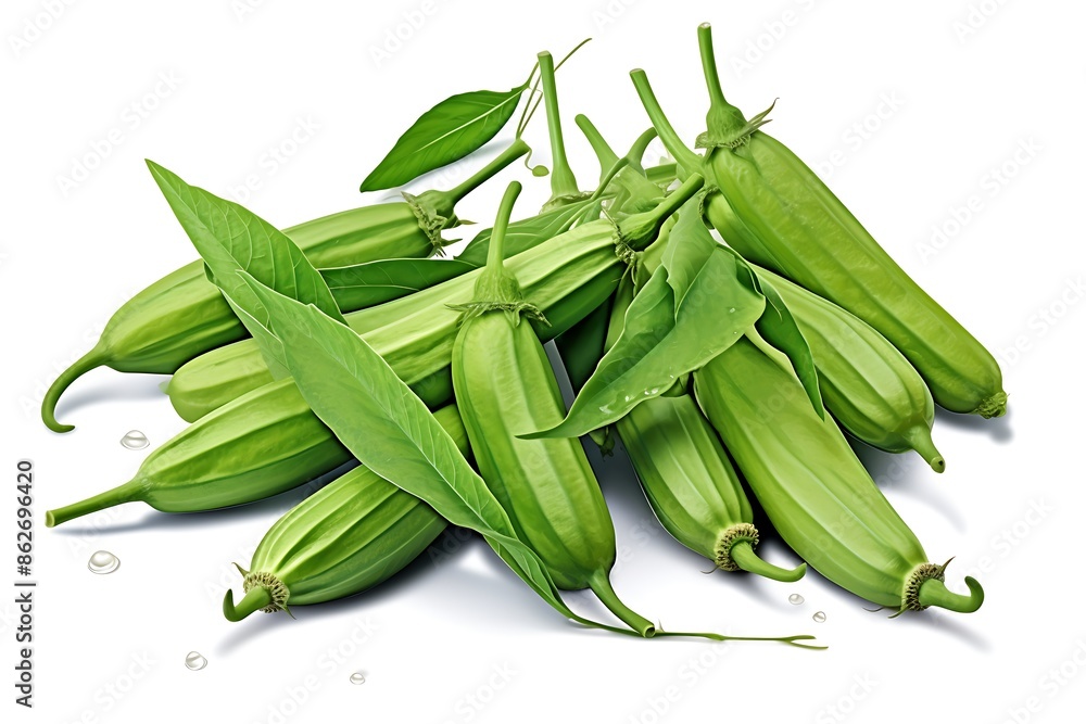 Close-Up Portrait of Realistic Detailed Okra with Green Leaves, Shiny, 3D Colored on White Background Close-Up Portrait of Realistic Detailed Okra with Green Leaves, Shiny, 3D Colored on White Background