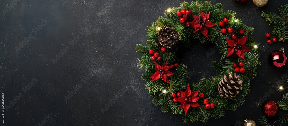 Festive Christmas wreath decorates a cozy black background signifying holiday celebrations, perfect for a New Year concept. Top view with ample copy space image. Festive Christmas wreath decorates a cozy black background signifying holiday celebrations, perfect for a New Year concept. Top view with ample copy space image.