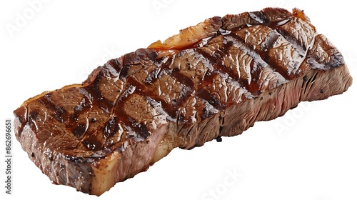 New York strip steak, juicy and inviting, symmetrically isolated on white, available  for menu design or meat market advertising photo