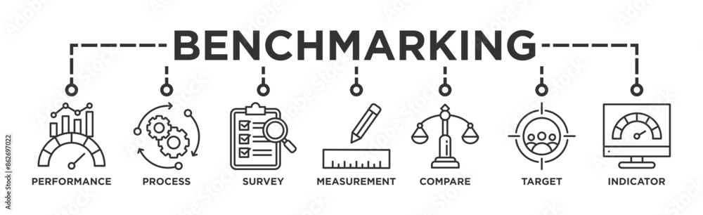 Benchmarking banner web icon vector illustration concept for the idea of business development and improvement with an icon of performance, process, survey, measurement, compare, target, and indicator Benchmarking banner web icon vector illustration concept for the idea of business development and improvement with an icon of performance, process, survey, measurement, compare, target, and indicator