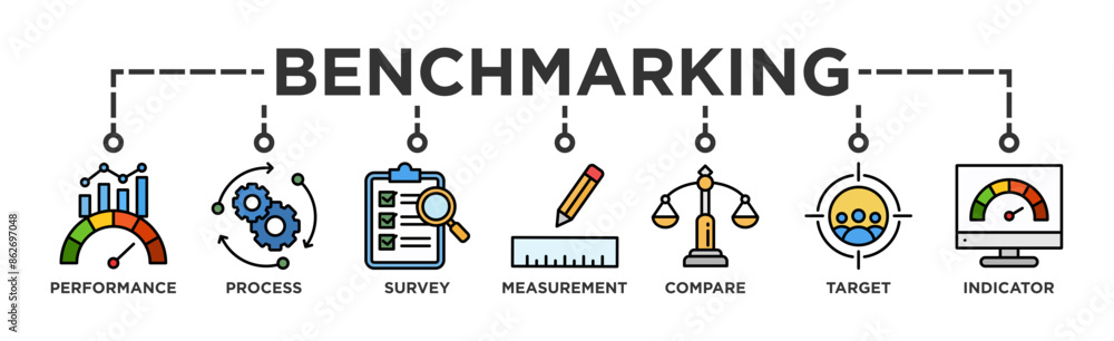 Benchmarking banner web icon vector illustration concept for the idea of business development and improvement with an icon of performance, process, survey, measurement, compare, target, and indicator Benchmarking banner web icon vector illustration concept for the idea of business development and improvement with an icon of performance, process, survey, measurement, compare, target, and indicator