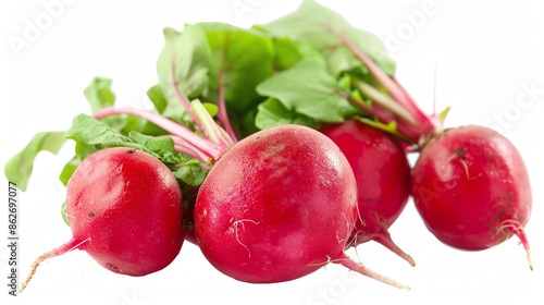 Radishes, bright red and fresh, perfectly centered and isolated, available for spring garden content or crisp salad visuals