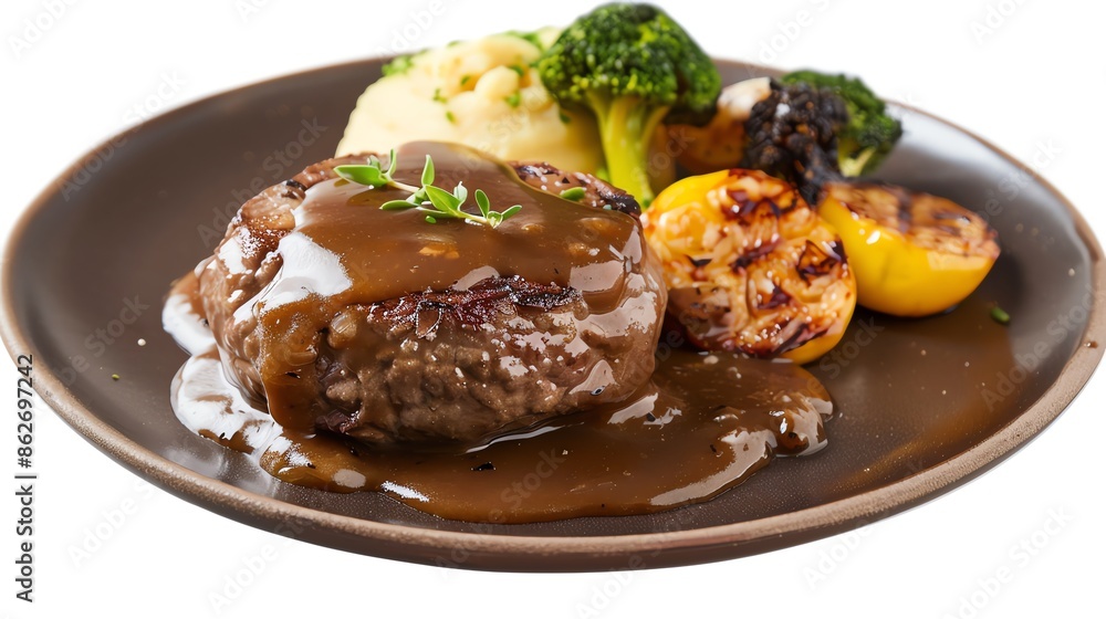 Salisbury steak with gravy, classic and comforting, perfectly centered and isolated, available for diner menus or comfort food advertising Salisbury steak with gravy, classic and comforting, perfectly centered and isolated, available for diner menus or comfort food advertising