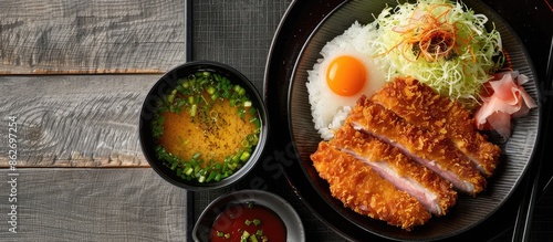 Tonkatsu, a deep-fried pork cutlet served with rice and miso soup, in a captivating setting with a blank space for additional images.