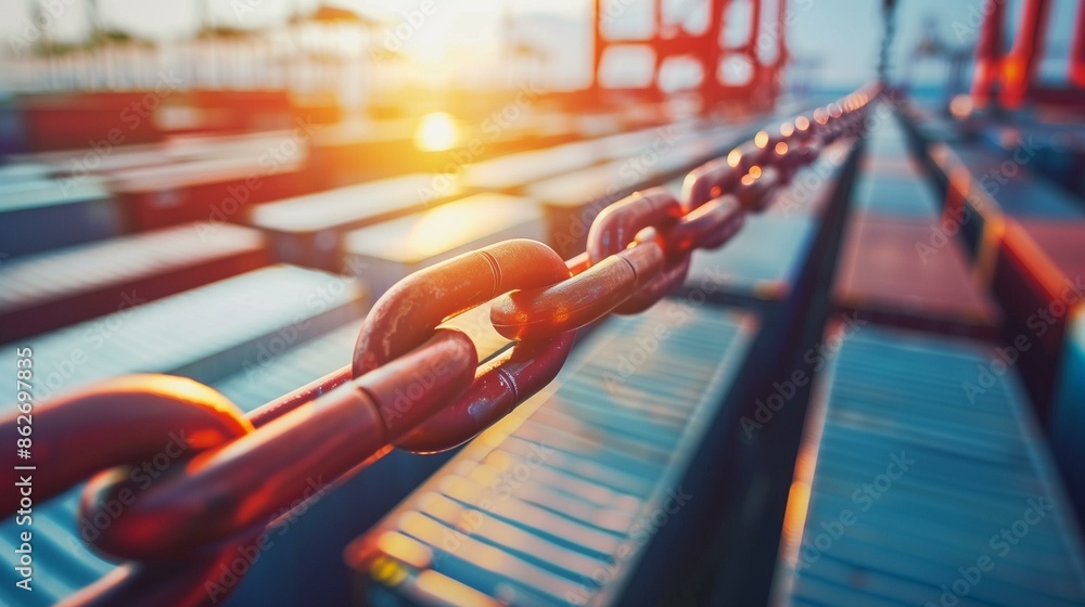 Rusty chain against backdrop container ship at sunset, business market import Rusty chain against backdrop container ship at sunset, business market import