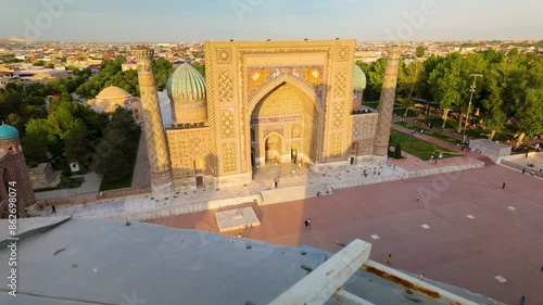 Aerial view of the Sher-Dor-Madrasa on Registan Square in Samarkand, Uzbekistan photo