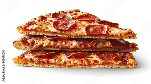 Stacked pepperoni pizza slices, vibrant and detailed, perfectly isolated and presented , suitable for pizza shop marketing or menu displays