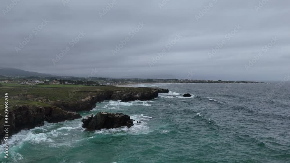 As Catedrais , Cathedrals beach Northern Spain drone,aerial stormy sea As Catedrais , Cathedrals beach Northern Spain drone,aerial stormy sea