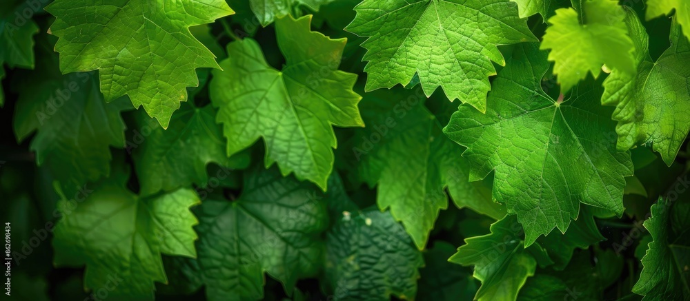 Vibrant fresh grape vine leaves in a bright green color with copy space image. Vibrant fresh grape vine leaves in a bright green color with copy space image.