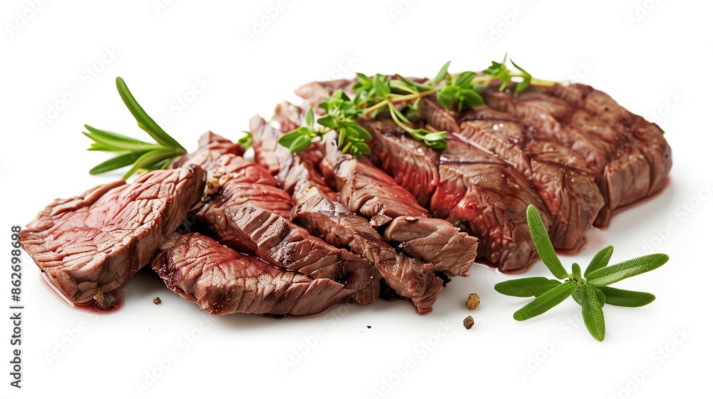 Top round steak, lean and sliced, symmetrically placed and isolated as a PNG, perfect for sandwich fillings or budget meal planning Top round steak, lean and sliced, symmetrically placed and isolated as a PNG, perfect for sandwich fillings or budget meal planning