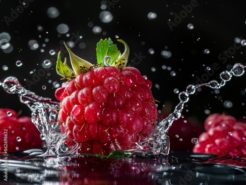 Fresh raspberries close-up in splashes of water, black background. Summer concept