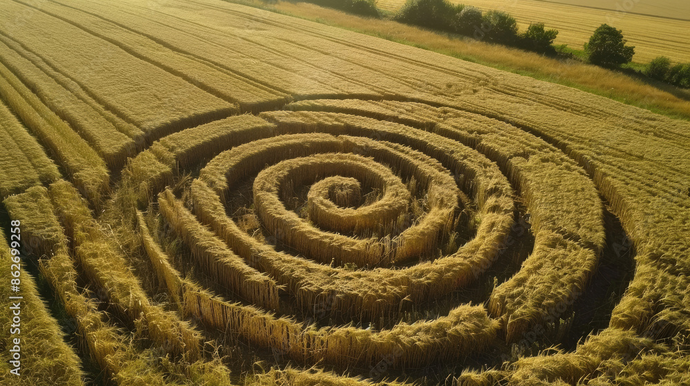 Aerial view of an intricate geometric crop circle formation in a wheat field Aerial view of an intricate geometric crop circle formation in a wheat field