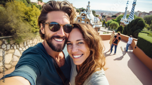 Couple's selfie with the Parc Guell backdrop.