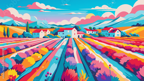 Vibrant Countryside Landscape with Colorful Fields and Rustic Houses